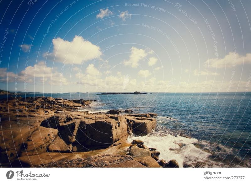 nothing but the sea Environment Nature Landscape Elements Earth Water Drops of water Sky Clouds Horizon Sun Summer Beautiful weather Warmth Rock Waves Coast Bay