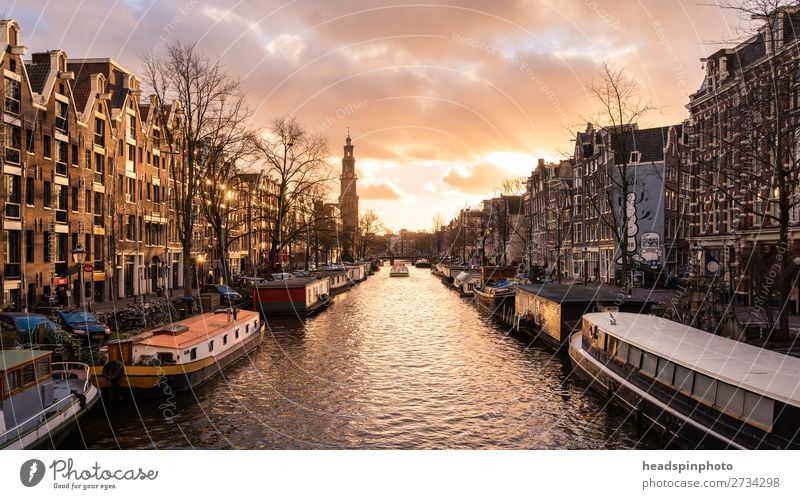 Classic view of a canal in downtown Amsterdam Vacation & Travel Tourism Trip Sightseeing Gale Netherlands Capital city Downtown Old town