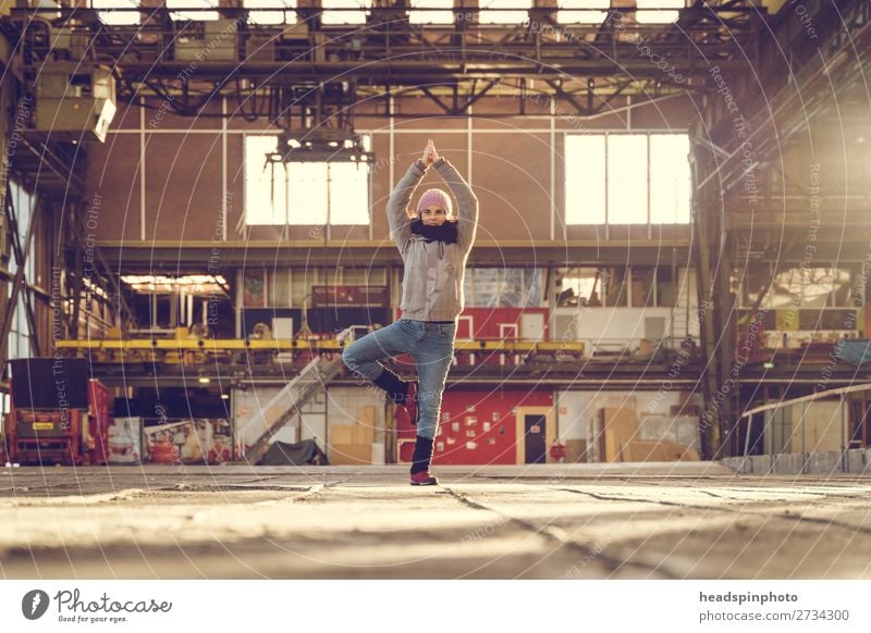 Yoga everywhere: Yoga at sunset in a factory building Lifestyle Healthy Fitness Wellness Well-being Calm Leisure and hobbies Sports Training Feminine