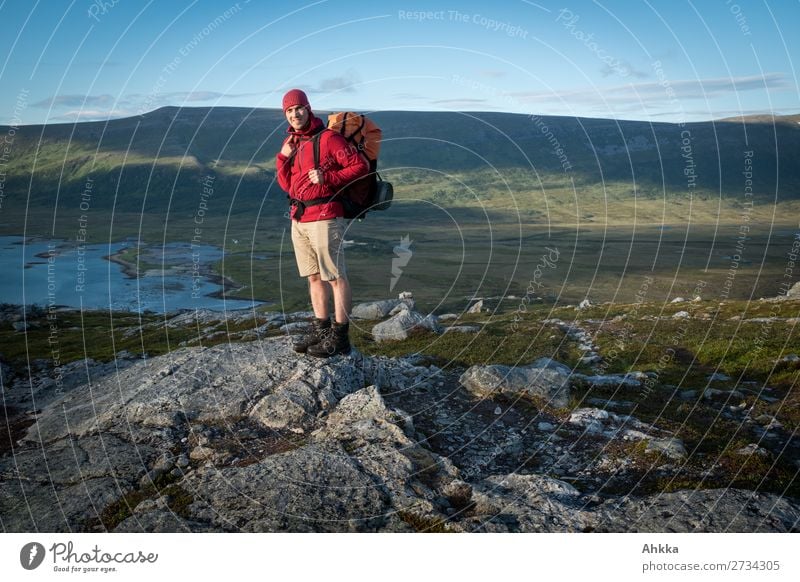 Bright colours, hiking, evening light, fjord, dreamlike Vacation & Travel Adventure Far-off places Freedom Hiking Young man Youth (Young adults) Nature Sunrise