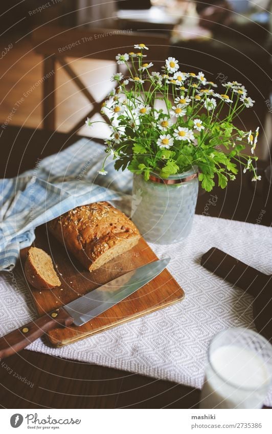 country breakfast on rustic home kitchen Bread Breakfast Plate Decoration Table Kitchen Easter Landscape Wood Fresh Natural Brown Green Tradition food Meal