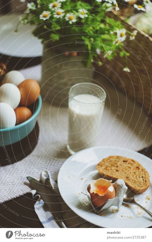 country breakfast on rustic home kitchen Bread Breakfast Plate Decoration Table Kitchen Easter Landscape Wood Fresh Natural Brown Green Tradition food egg