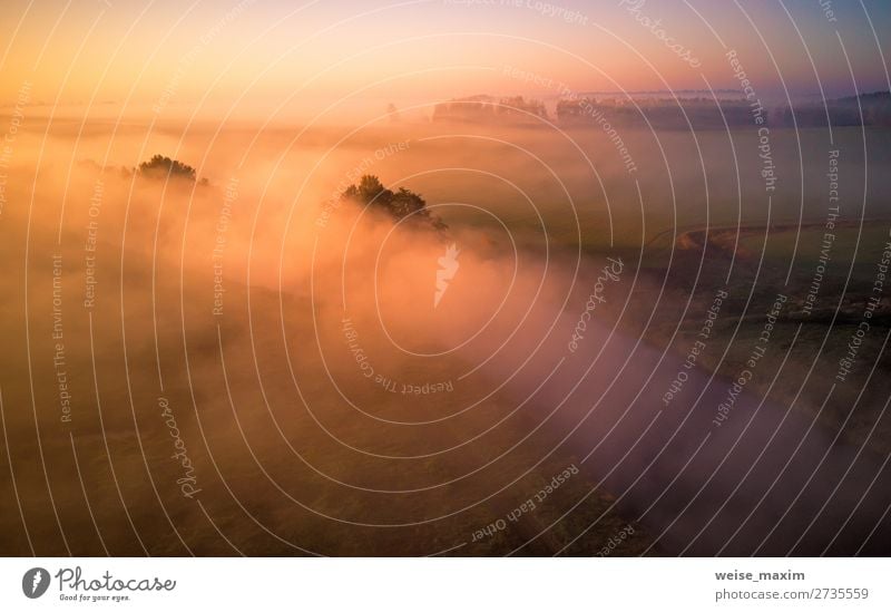 Aerial view of morning foggy river and rural fields. Beautiful Vacation & Travel Adventure Far-off places Freedom Expedition Summer vacation Sports Environment