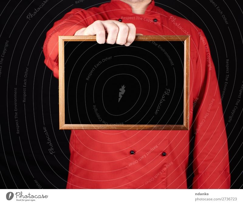 chef in red uniform holding an empty wooden frame Kitchen Restaurant Blackboard Work and employment Profession Cook Human being Man Adults Hand Clothing Shirt