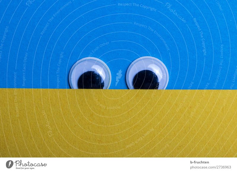 take a look Eyes Paper Sign Observe Looking Friendliness Curiosity Positive Blue Yellow Anticipation wobbly eyes In pairs Voyeurism Surveillance Colour photo