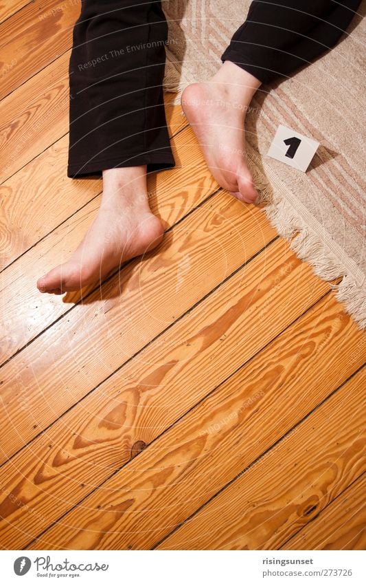 crime scene Carpet Rug fringe Floorboards Hallway Masculine Man Adults Legs Feet 1 Human being 45 - 60 years Pants Signs and labeling Lie Sadness Threat Gloomy