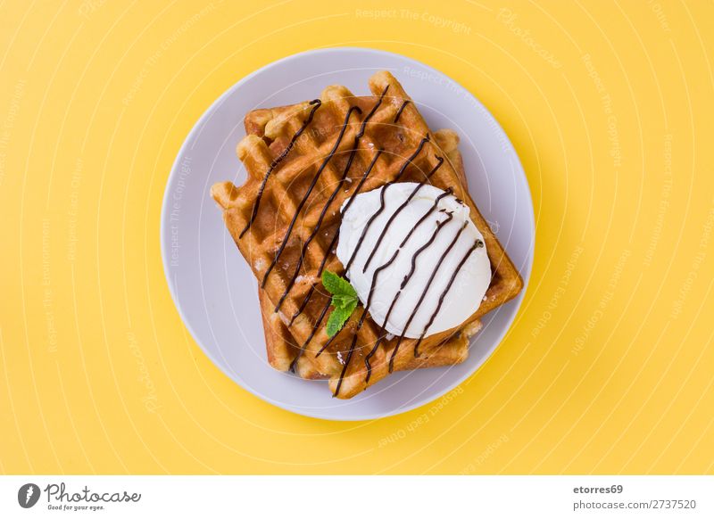 Breakfast belgian with waffles with ice Waffle Dessert Ice cream Belgian Belgium White Yellow Sweet Food Healthy Eating Food photograph Neutral Background Mint