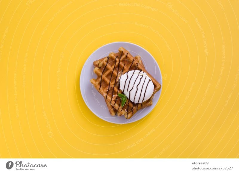 Waffle with chocolate sauce, ice cream and mint Dessert Ice cream Belgian Belgium White Sweet Food Healthy Eating Food photograph background Breakfast wafer