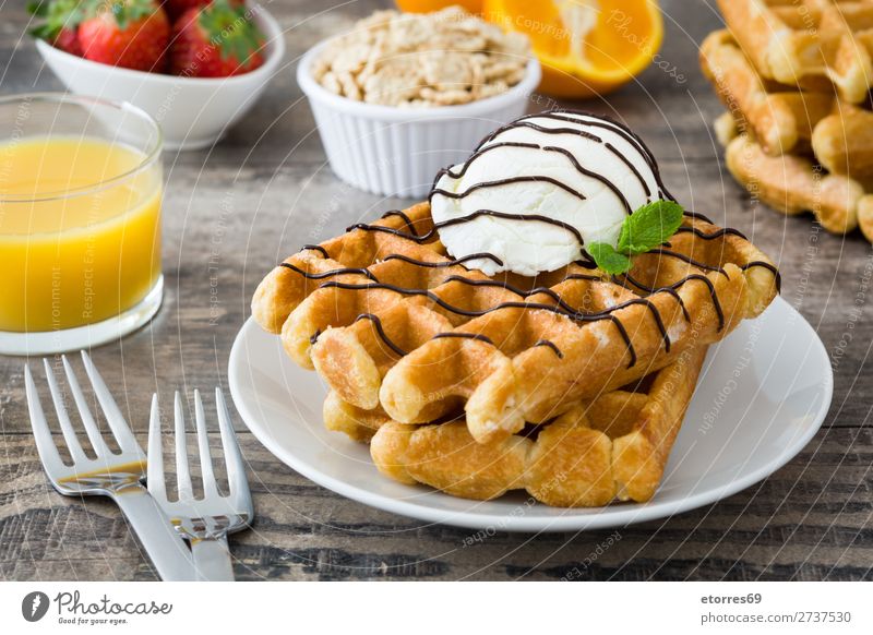 Breakfast belgian with waffles with ice cream Waffle Dessert Ice cream Belgian Belgium White Sweet Candy Food Healthy Eating Food photograph Neutral Background