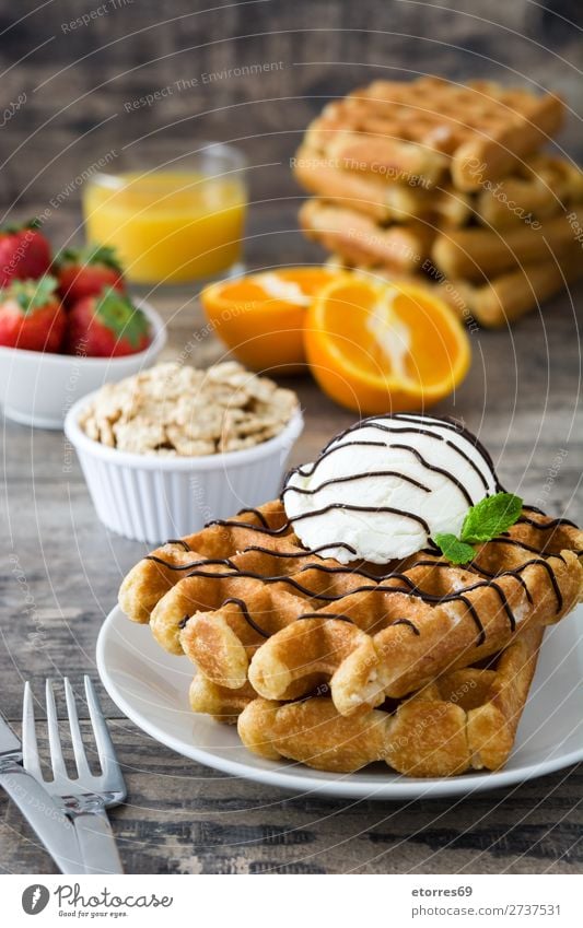 Breakfast belgian with waffles with ice cream Waffle Dessert Ice cream Belgian Belgium White Sweet Candy Food Healthy Eating Food photograph Neutral Background