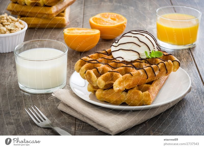 Breakfast belgian with waffles with ice cream Waffle Dessert Ice cream Belgian Belgium White Sweet Candy Food Healthy Eating Food photograph Neutral Background