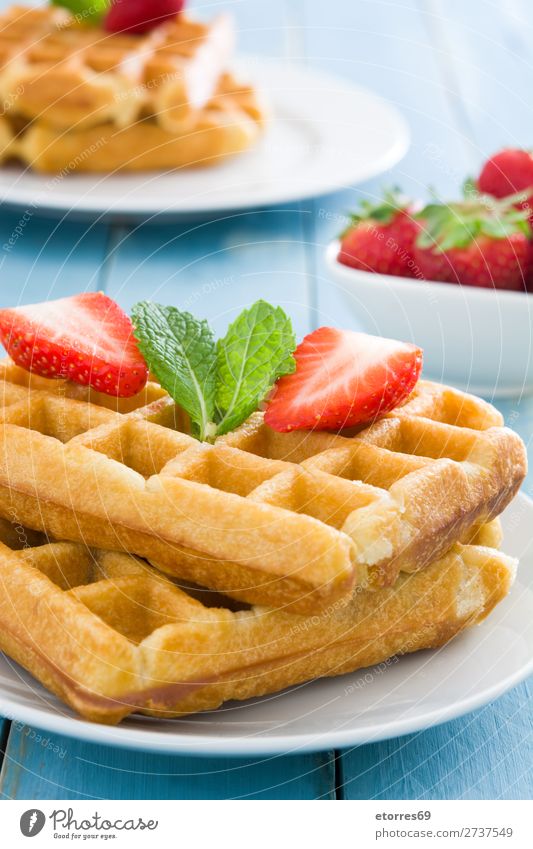 Breakfast belgian with waffles with strawberries and honey Waffle Dessert Belgian Belgium White Sweet Candy Food Healthy Eating Food photograph