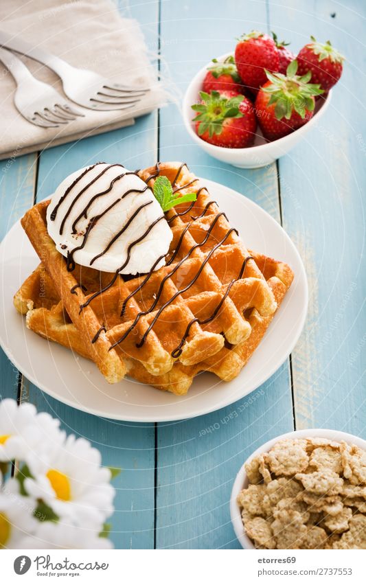 Breakfast belgian with waffles with ice cream Waffle Dessert Ice cream Belgian Belgium White Sweet Candy Food Healthy Eating Food photograph Neutral Background