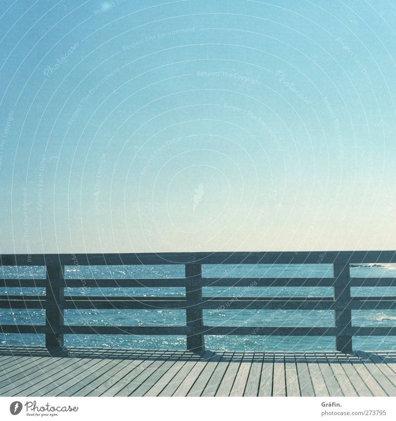 coney island Light Sun Copy Space top Line Handrail Bridge railing Wood Blue Sky Summer Ocean Shadow White Wanderlust Longing Warmth Loneliness Empty Calm