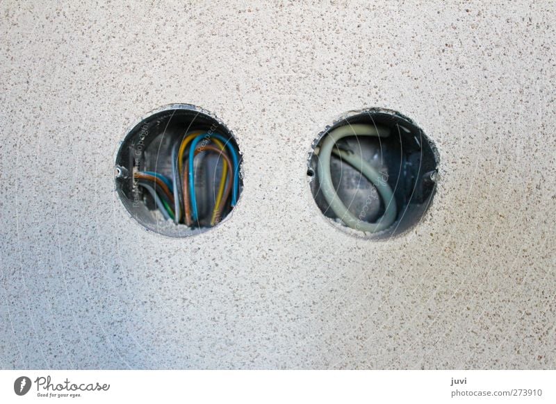 2 x round Cable Technology Wall (barrier) Wall (building) Concrete Blue Yellow Gray Discover Round Hollow Plaster Colour photo Subdued colour Interior shot