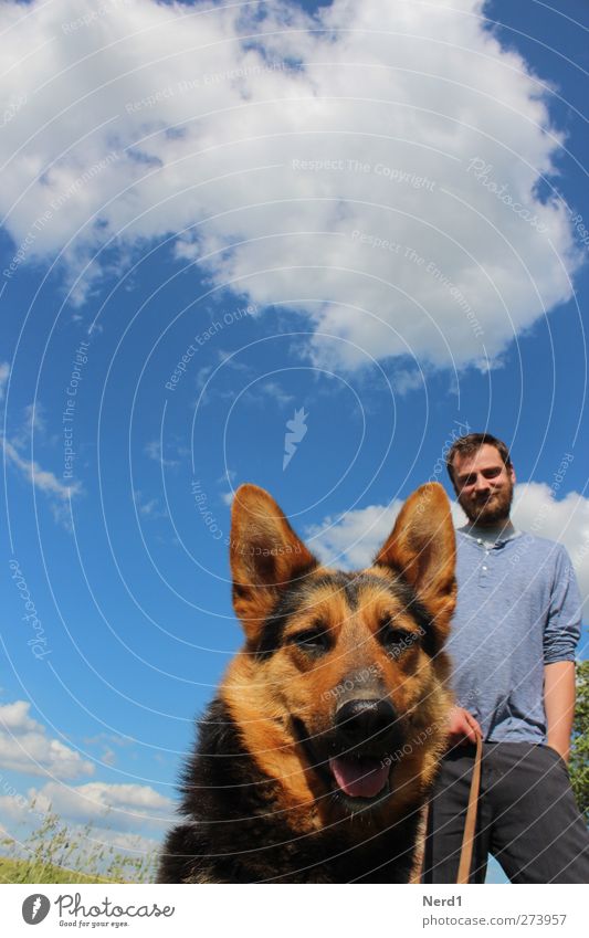 dog&man Masculine Young man Youth (Young adults) 1 Human being Beard Animal Pet Dog Curiosity Cute Idyll Colour photo Multicoloured Exterior shot Isolated Image