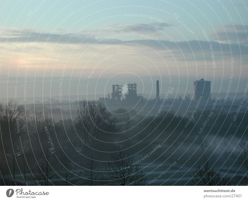 Industry in the mist Clouds Fog Background picture Sunrise Factory Industrial Photography Moody Morning Rope Landscape Electricity generating station