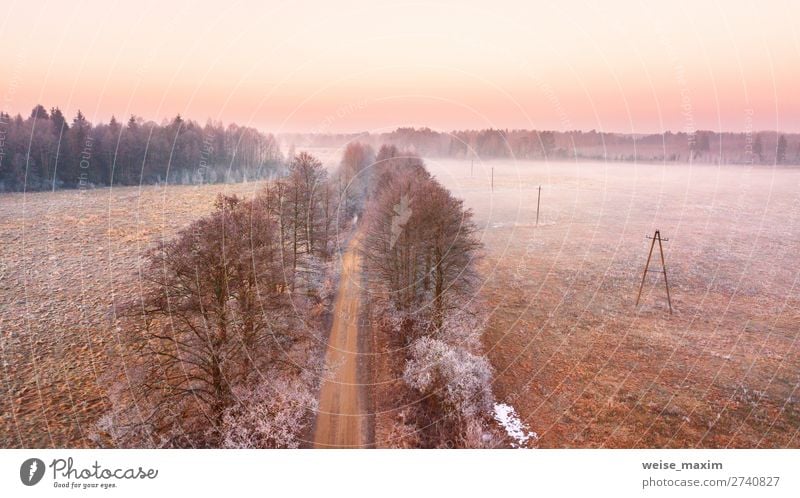 Rural misty dawn morning landscape Beautiful Vacation & Travel Trip Far-off places Freedom Expedition Winter Snow Nature Landscape Earth Air Sky Sunrise Sunset