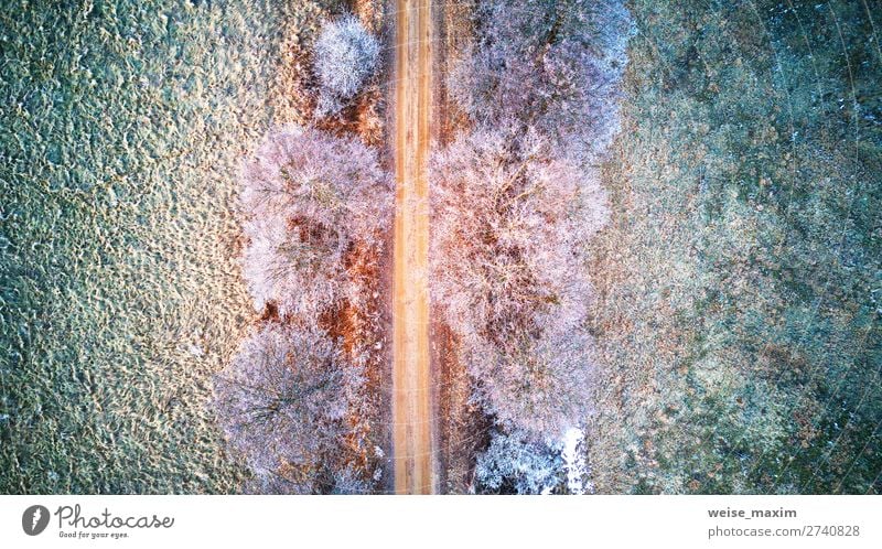 Aerial view of frozen road in early spring Vacation & Travel Trip Far-off places Winter Snow Nature Landscape Earth Spring Climate Weather Ice Frost Tree Bushes