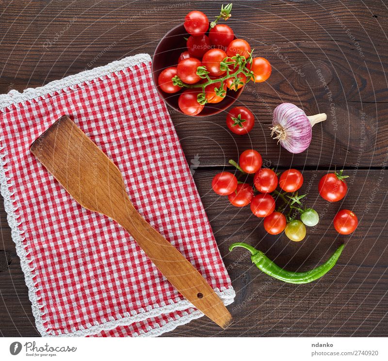 red textile kitchen towel and fresh cherry tomatoes Vegetable Nutrition Vegetarian diet Table Kitchen Nature Wood Fresh Natural Above Juicy Green Red Cooking