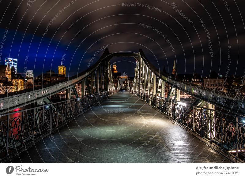 Iron footbridge Night sky Winter Frankfurt Germany Europe Town Downtown Skyline Bridge Tourist Attraction Eiserner Steg Blue Multicoloured Yellow Gold Black