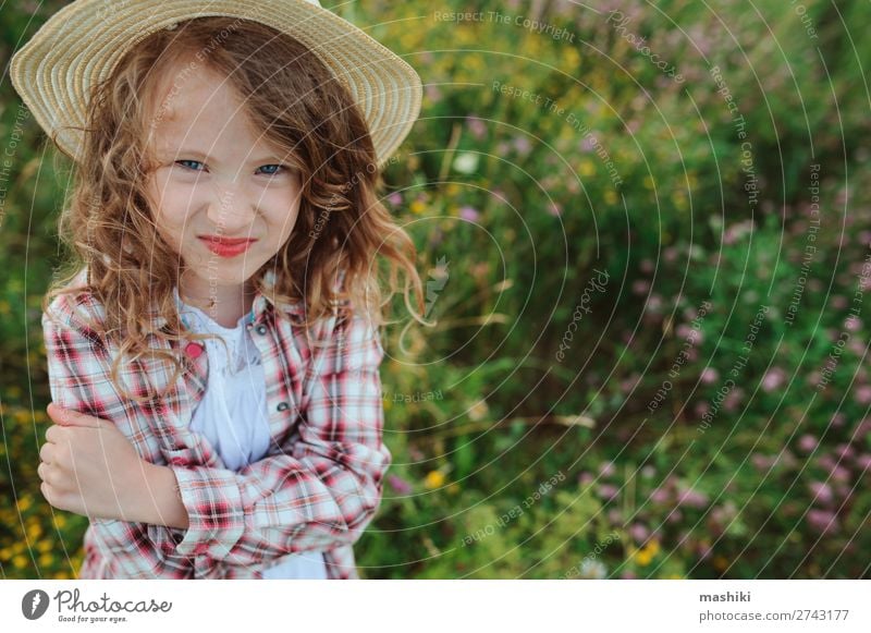 angry child girl in country style plaid shirt Style Joy Relaxation Vacation & Travel Summer Child Infancy Nature Landscape Meadow Shirt Hat Funny Natural Anger