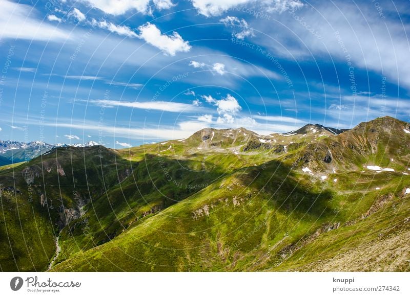 endless landscape Environment Nature Landscape Plant Sky Clouds Horizon Sun Sunlight Summer Autumn Beautiful weather Warmth Grass Bushes Hill Rock Alps Mountain