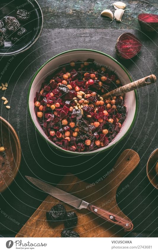 Beetroot salad with chickpeas in a bowl Food Vegetable Nutrition Lunch Organic produce Vegetarian diet Diet Crockery Bowl Knives Style Design Healthy