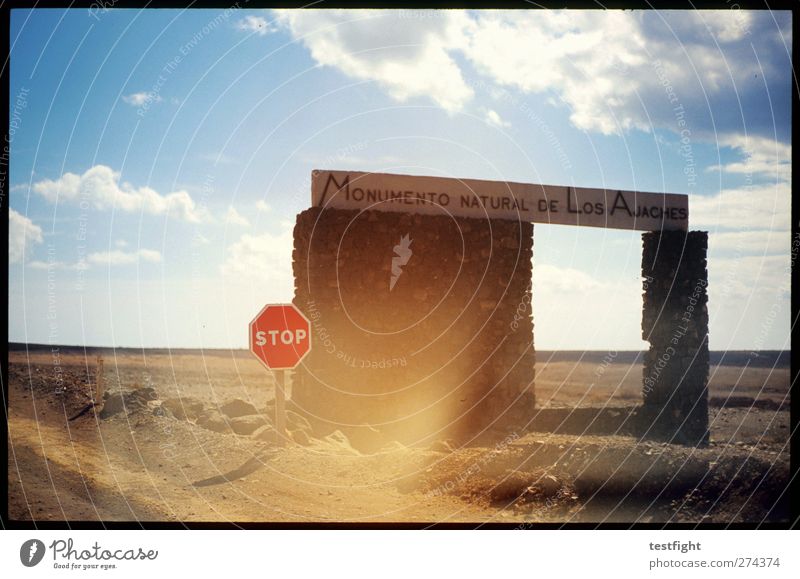 STOP Environment Nature Landscape Sky Park Sign Signs and labeling Protection National Park Lanzarote los ajaches Colour photo Exterior shot Day Light Shadow