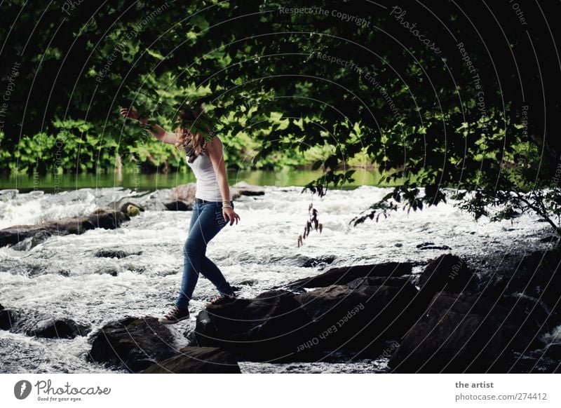 At the river Human being Feminine Young woman Youth (Young adults) 1 Nature Water Summer Tree River bank Stone Jump Green Black White Joie de vivre (Vitality)