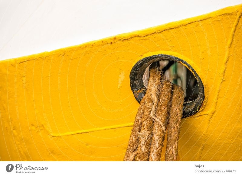 porthole with mooring lines Design Navigation Fishing boat Maritime Yellow White Porthole colourful cheerful Old fishing cutter Harbour lashed hemp ropes