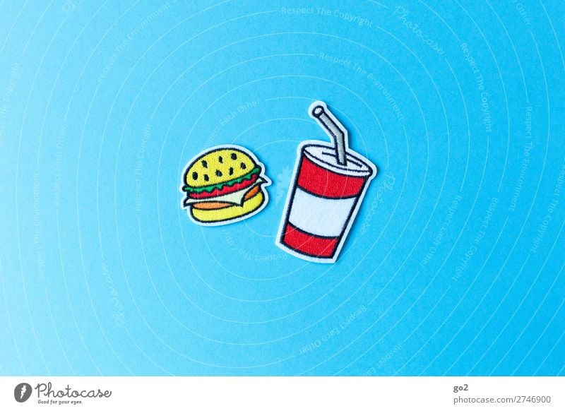 Burger and soft drink Food Hamburger Cheeseburger Nutrition Eating Fast food Beverage Drinking Cold drink Lemonade Mug Accessory Decoration Straw Cloth Sign