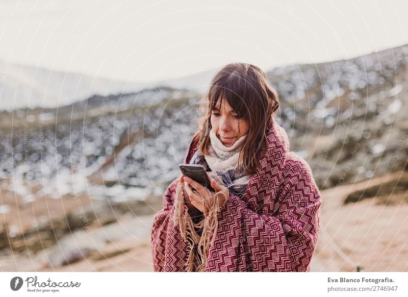 woman at sunset in nature using mobile phone Lifestyle Happy Beautiful Wellness Harmonious Vacation & Travel Freedom Summer Sun Beach Ocean Mountain Success