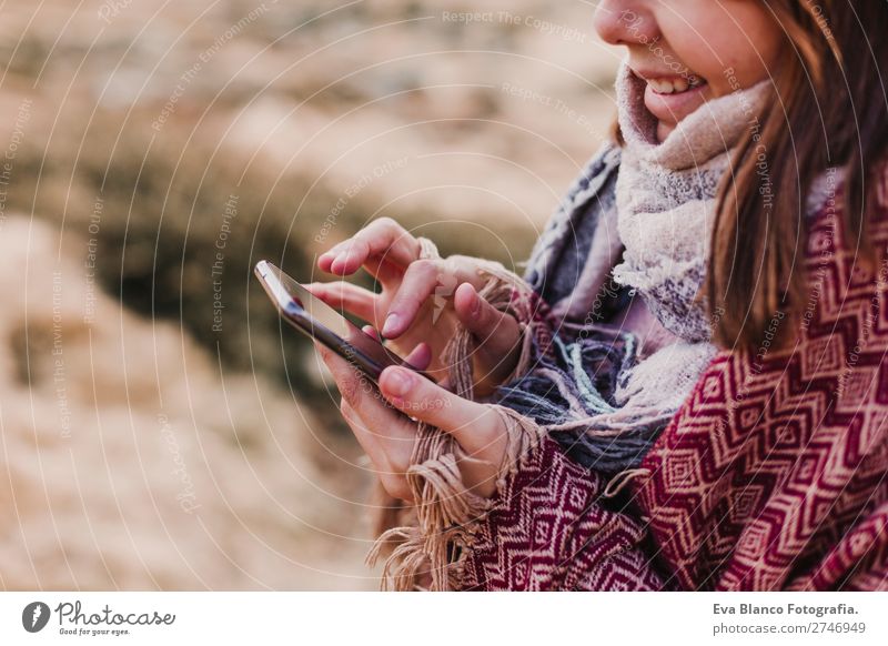 closeup view of a woman in nature with mobile phone Lifestyle Happy Beautiful Wellness Harmonious Vacation & Travel Freedom Summer Sun Beach Ocean Mountain