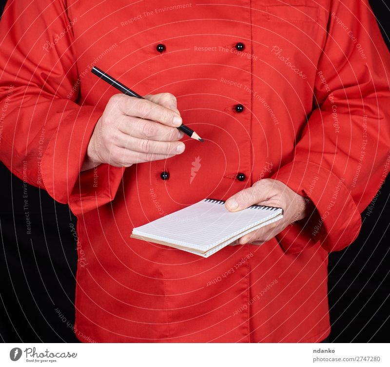 chef in red uniform holding a blank notebook Kitchen Restaurant Work and employment Profession Cook Human being Man Adults Hand Clothing Shirt Suit Jacket Paper