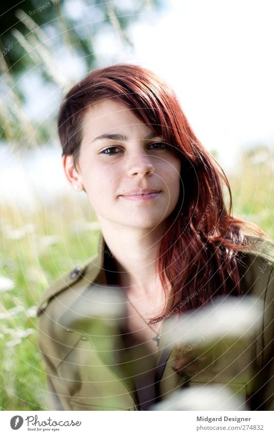 Bokeh Laura. Human being Feminine Young woman Youth (Young adults) 1 18 - 30 years Adults Nature Landscape Plant Grass Esthetic Bright Green Red Red-haired