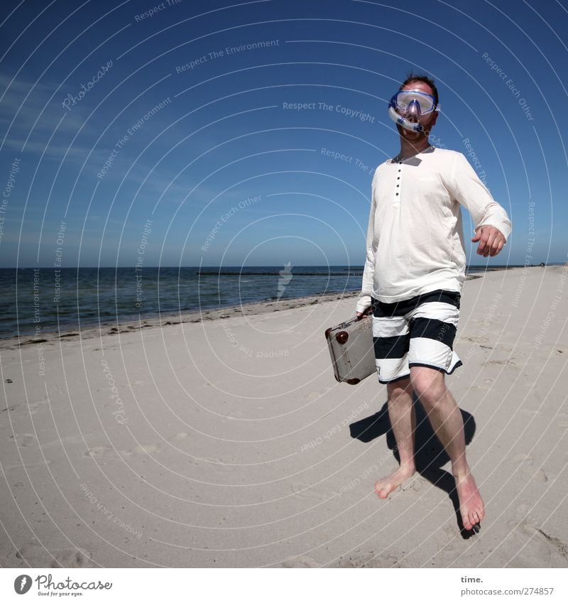 Hiddensee. A man goes his own way. Human being Man Adults 1 30 - 45 years Environment Nature Sand Water Sky Horizon Beautiful weather Coast Beach Suitcase