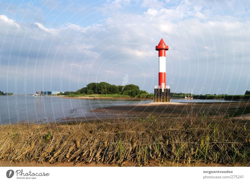 Juliusplate Trip Summer Navigation Nature Landscape Clouds Horizon River bank Beach Weser Lighthouse Traffic infrastructure Road sign Illuminate Tall Point Blue