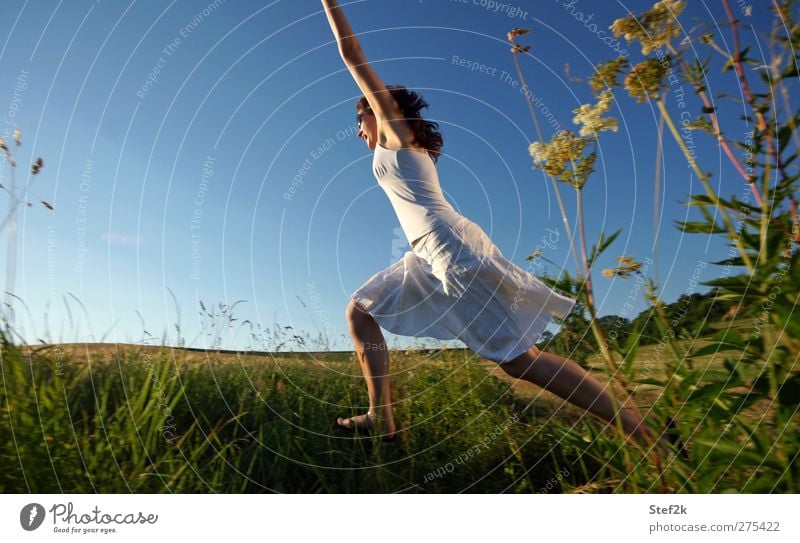 big jump Feminine Woman Adults Nature Cloudless sky Grass Skirt Sunglasses Flip-flops Long-haired Breathe Running Relaxation Fitness Jump Free Healthy Infinity