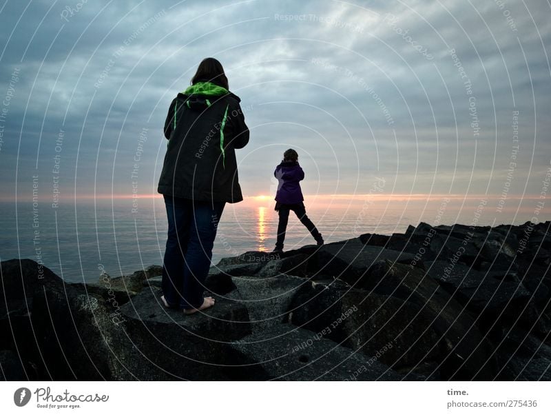 Hiddensee | Sunset Worshippers Girl Woman Adults Infancy 2 Human being 3 - 8 years Child Environment Nature Landscape Water Sky Clouds Horizon Rock Coast