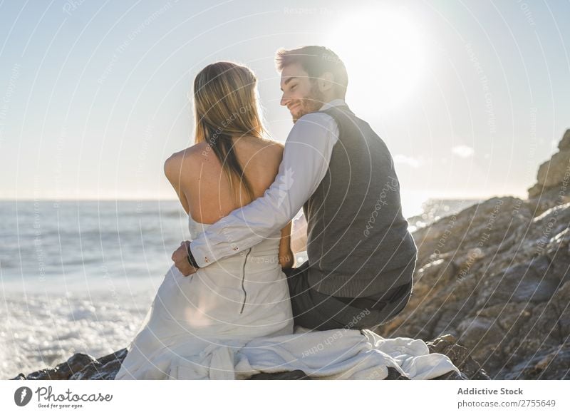 Sensual wedding couple posing on shoreline Couple bridal Beach tender in love Wedding Expression romantic Feasts & Celebrations Style Relationship Love