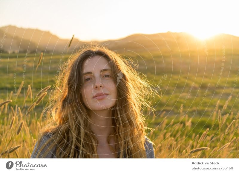 Confident woman in summer field Woman Portrait photograph Summer Posture Landscape Nature Beautiful Colour Meadow Exterior shot Countries Rural Freedom