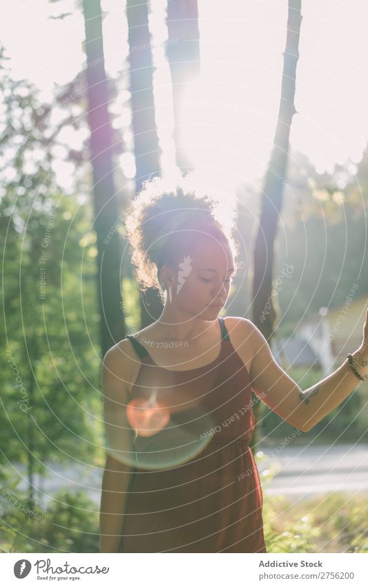 Young woman posing in sunny woods Woman pretty Posture To enjoy Nature Forest Green Sunbeam Day Beautiful Beauty Photography Natural Youth (Young adults)