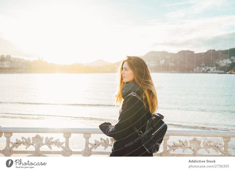 Young dreamy woman at seaside Woman Youth (Young adults) Coast Ocean Stand pretty Attractive Nature Water Vacation & Travel Beach San Sebastián Spain Beautiful