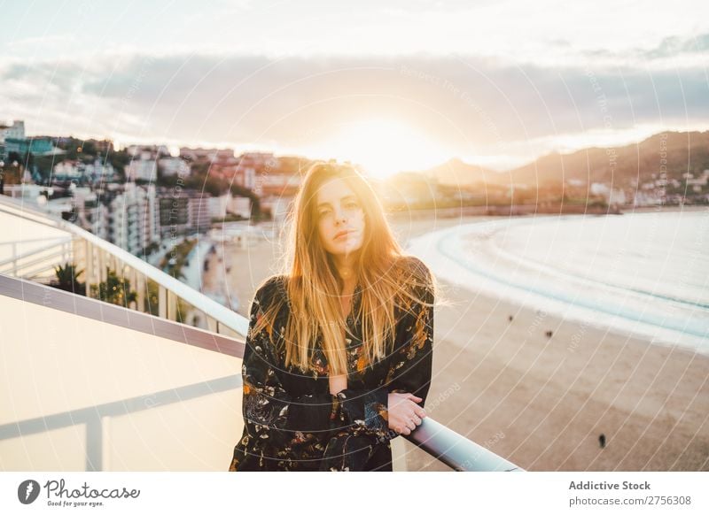 Young dreamy woman at seaside Woman Youth (Young adults) Coast Ocean Stand pretty Attractive Nature Water Vacation & Travel Beach San Sebastián Spain Beautiful