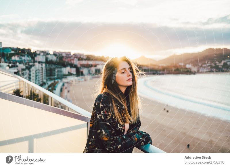 Young dreamy woman at seaside Woman Youth (Young adults) Coast Ocean Stand pretty Attractive Nature Water Vacation & Travel Beach San Sebastián Spain Beautiful