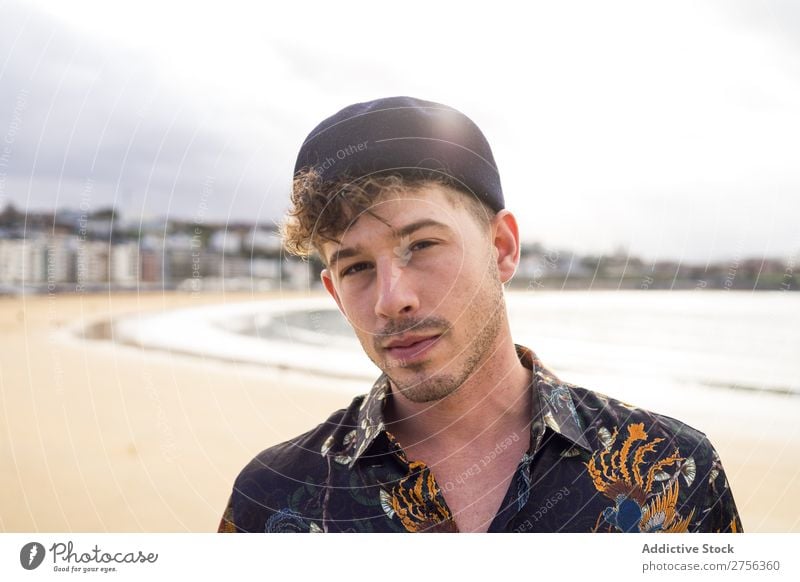 Adult man standing on beach Man Coast Ocean Adults Considerate Looking into the camera Nature Water Vacation & Travel Beach San Sebastián Spain Beautiful