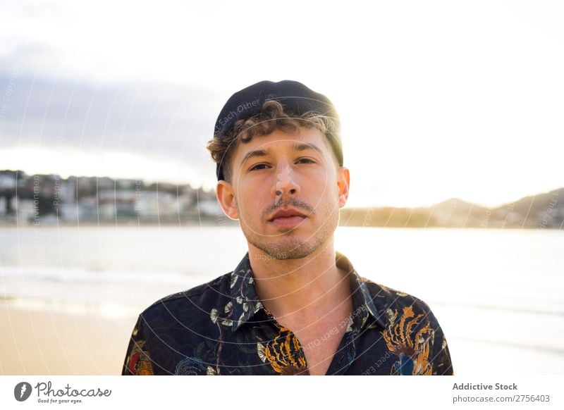 Adult man standing on beach Man Coast Ocean Adults Considerate Looking into the camera Nature Water Vacation & Travel Beach San Sebastián Spain Beautiful