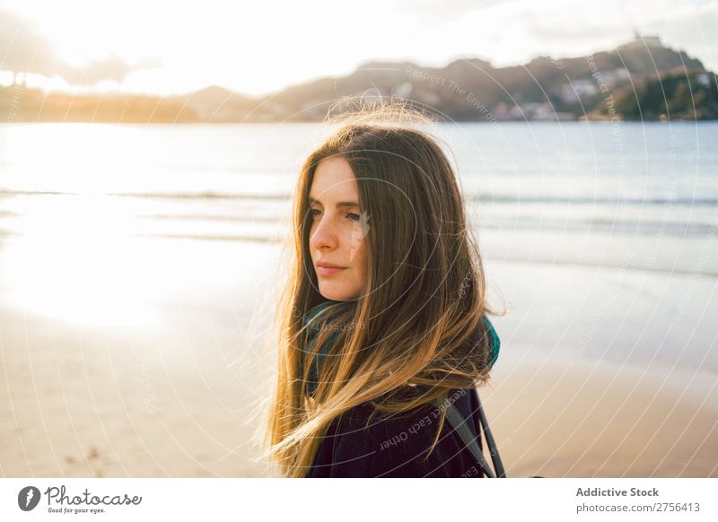 Young dreamy woman at seaside Woman Youth (Young adults) Coast Ocean Looking away Stand pretty Attractive Nature Water Vacation & Travel Beach San Sebastián