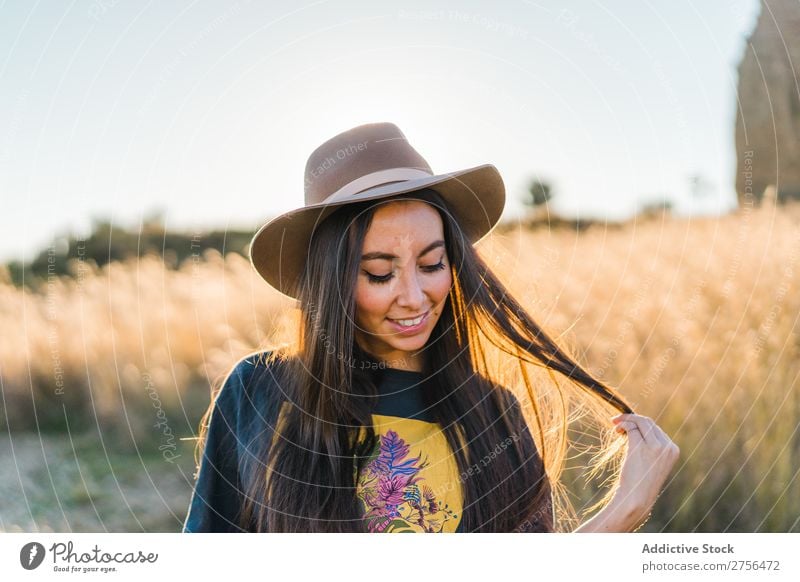 Cheerful young woman in hat in nature Woman pretty Nature Hat Beautiful Portrait photograph Youth (Young adults) Beauty Photography Model Attractive Fashion